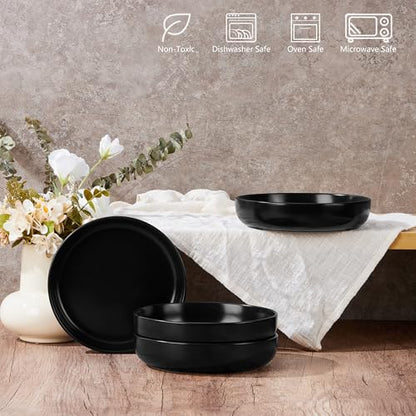 E-far Stoneware Pasta Bowls Set of 4, 35oz Double Reactive Black Glaze | Wide & Shallow Ceramic Pasta Plates for Serving Salad Soup Dinner, Dishwasher & Microwave Safe, Matte Black - color: Matte Black