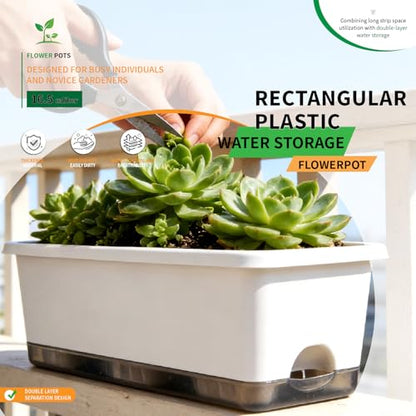 5-Pack Rectangular Self-Watering Planters with Drainage – Plastic Flower Pots for Indoor Outdoor Plants, Window Garden, Ideal for Herbs, Flowers & Vegetables, Easy-Fill Watering System, White