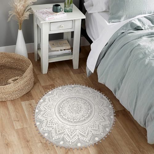 Uphome Small Round Rug 2.3’ Grey Mandala Boho Bathroom Rugs with Pom Poms Fringe Washable Circle Shower Mat Soft Non-Slip Cute Circular Throw Rug for Sink Powder Room Bedroom Kids Room Nursery - color: Gray-upgraded, size: 2.3' Round