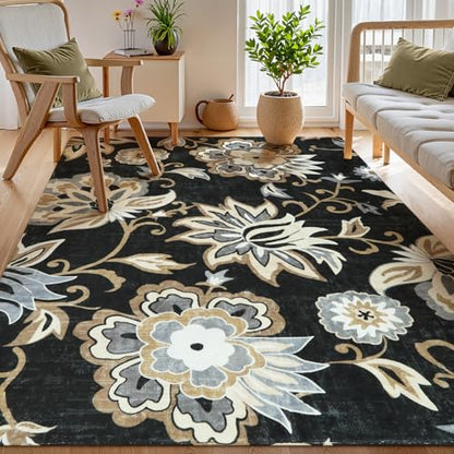 Lahome Floral Black Washable Area Rug 4x6, Non-Slip Ultra-Thin Soft Accent Stain Resistant Indoor Area Rug, Paisley Print Carpet for Bedroom, Living Room, Entryway, Kitchen, Laundry | Non-Slip Ultra-Thin Soft Stain Resistant Indoor Area Rug for Bedroom Li