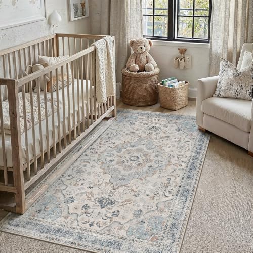 Blue Area Rug 4x6 Living Room Vintage Floral Non-Slip Carpet | Machine Washable, Soft, Low Pile, for Bedroom, Dining Room, Kids Room, Nursery, Office, Retro Neutral Decor - color: Vintage | Blue, size: 4' x 6' (Rectangular)