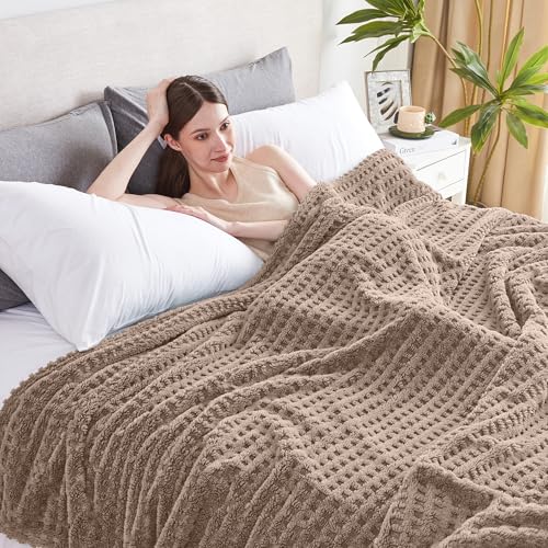 Soft Cozy Fuzzy Fleece Queen Size Blanket, Waffle Light Taupe, 90x90 Inches – Lightweight, Fluffy, and Warm 3D Jacquard All-Season Blanket for Bed, Couch, Sofa, Camping, and Travel - color: Waffle Light Taupe, size: Queen (90" x 90")
