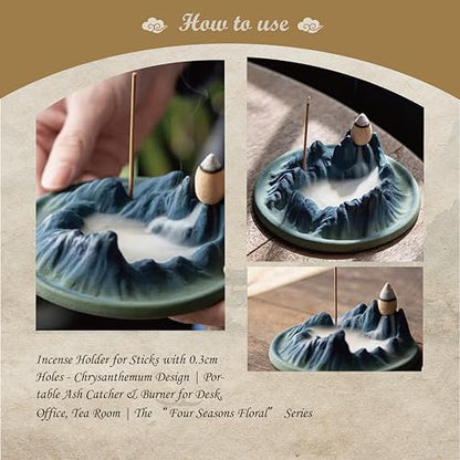 Backflow Incense Burner - A Thousand Li of Rivers and Mountains Ceramic Holder for Cones and Sticks, Waterfall Smoke Aromatherapy Decor for Meditation, Yoga, Home Office