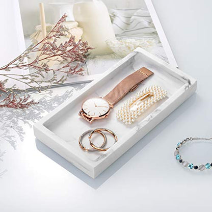 Emibele Bathroom Vanity Tray Countertop, 8" Rectangular Marble Resin Tray | Dresser Kitchen Sink Tray, for Jewelry Cosmetic Perfume Soap Candle, Compact Lightweight Waterproof, Mini Size, Gravel White - color: Gravel White, size: 7.7" x 3.9" x 0.8"