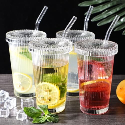 Drinking Glasses Set of 4,Ribbed Cocktail Glasses Set,Origami Style Water Glass Cups with Lids,Straws and 2 Straw Brushes for Iced Coffee, Juice,Smoothie