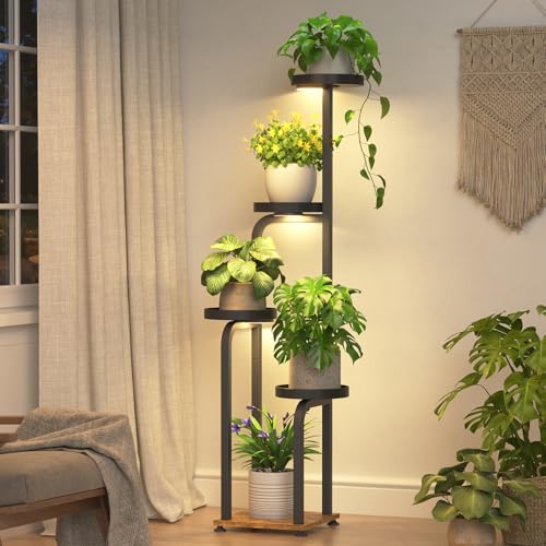 iDavosic.ly Tall Plant Stand Indoor with Grow Lights & Metal Trays, Brown | 4 Tier Corner Tiered Multiple Flower Holder Shelf, Space Saving Display Rack for Balcony Patio Porch Outdoor, 47 Inch High - color: Black with Light