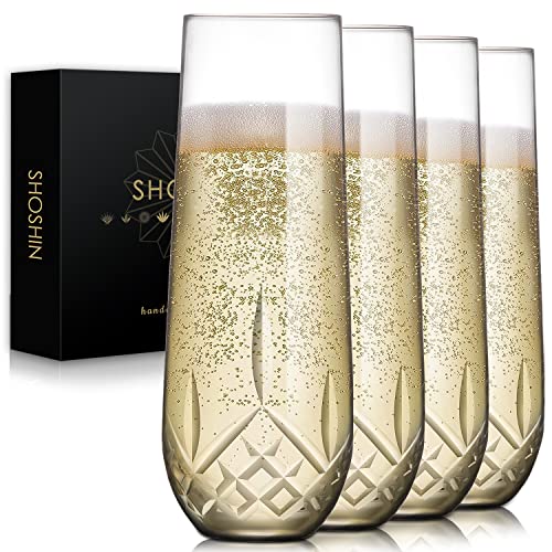 SHOSHIN Stemless Champagne Flutes Crystal, Hand Cut Champagne Glasses Set of 4, 9.5 Oz Champagne Toasting Glasses, Handmade Gift for Birthday, Wedding, Anniversary - color: Classic