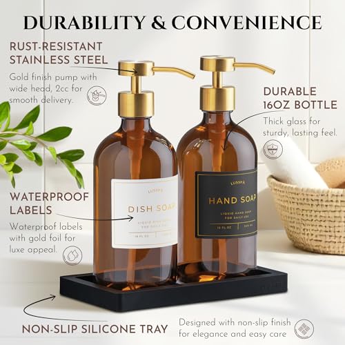 Glass Soap Dispenser Set of 2 (Amber) with Silicone Tray | Hand and Dish Soap Dispenser for Kitchen and Bathroom | 16.8 Oz Glass Bottles with Stainless Steel Pump & 15 Waterproof Labels (Amber/Gold) - color: Amber/Gold