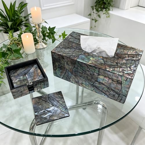 i-lan Mother of Pearl Coasters Set of 6 with Holder - 4.7" Square Drink Coasters for Kitchen, Dining Room, Coffee Table - Black Mosaik Pattern, Shell Inlay Cup Mats - color: Black Mosaik