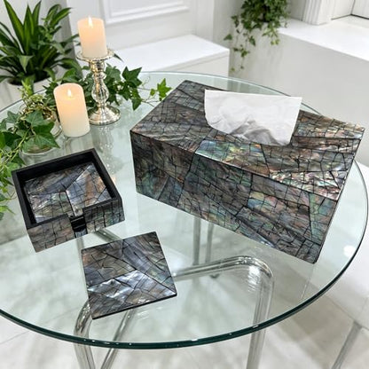 i-lan Mother of Pearl Coasters Set of 6 with Holder - 4.7" Square Drink Coasters for Kitchen, Dining Room, Coffee Table - Black Mosaik Pattern, Shell Inlay Cup Mats - color: Black Mosaik