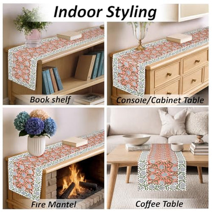 Dark Salmon Hand Block Print 100% Cotton Table Runner 16x106 Inch | Perfect for dining tables, buffets and celebrations, reusable, machine washable, Decorative Everyday Use, indoor & outdoor.