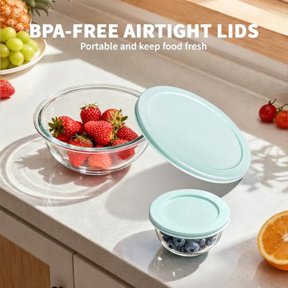 Luvan Glass Mixing Bowl with Lids Set of 5(0.2QT, 0.5QT, 1.1QT, 2.1QT, 3.75 QT), Space-Saving Nesting Bowls Anti-slip Salad Bowls for Storage, Cooking, Microwave,Freezer,Oven and Dishwasher Safe - color: Minty Blue