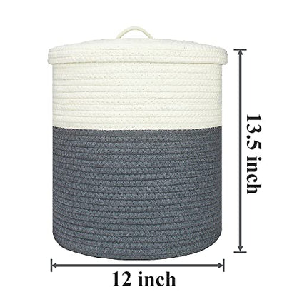 Yimi's Dream Storage Basket with Lid, Small Round Lidded Cotton Rope Bins | Small Woven Hamper for Laundry, Toys, Nursery, Entryway, Blankets, and Home Organization(White & Grey, 11.5D x 13.5H Inch) - color: 1 PACK-Grey&White-LIDDED