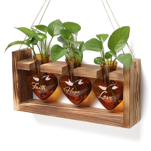 Plant Terrarium Propagation Stations Hydroponics | Home Garden Decoration Gift for Women with Wooden Stand Heart Shaped Colored Glass Vase - color: Amber(Faith Hope Love)