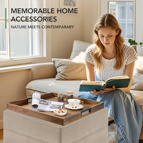 Large Square Ottoman Tray for Living Room and Coffee Table, Decorative Acacia Wood Serving Tray with Metal Handles for Breakfast in Bed, Dinner Food Kitchen TV (Natural, 22" x 22" x 2") - size: 22" x 22" x 2"