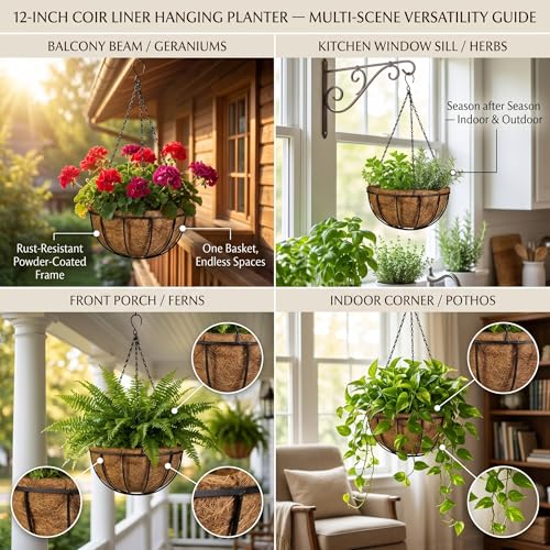 Kingbuy 12" Metal Hanging Basket for Herbs & Flowers – 6" Depth Rust-Resistant Wire with Coconut Liner & Adjustable Chains for Kitchen Window, Balcony & Garden - 1 Pack - size: 12 Inch, style: 1 Pack