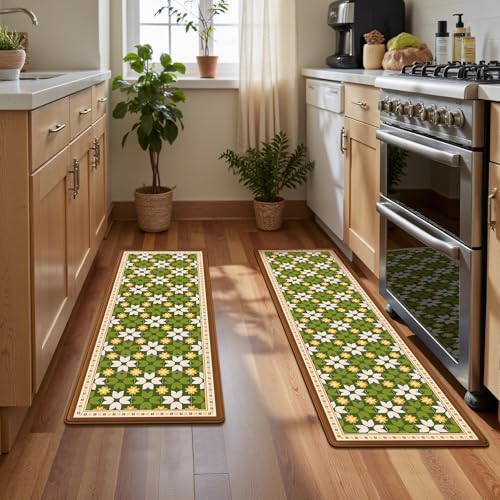 Vintage Floral Tile Kitchen Rug Sets of 2, Geometric Non Slip Mat for Floor | Thick Cushioned Anti-Fatigue Decor Runner Rug, PVC Soft Comfort Waterproof Standing Mat for Sink Laundry Front & Indoor Doors - color: Sunny Sunflower, size: 18"x30"+18"x48"