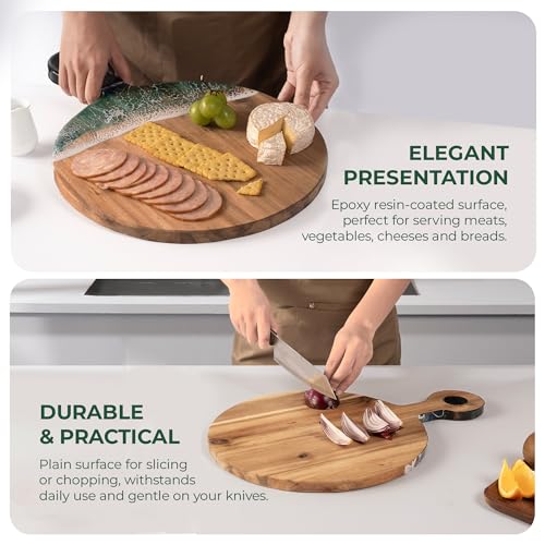Acacia Wood Serving Board with Ocean Resin Art, 18.1" x 13" Charcuterie Cheese Tray for Display & Prep, Cutting Board on Back, Includes Stand & Loofah, Christmas Housewarming Gift (Round) - color: Round Cutting Board, size: Large