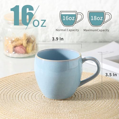 Coffee Mugs Set of 4, Stoneware 16 Oz Coffee Mugs for Cappuccino Latte Cocoa and Tea, Ceramic Coffee Cups with Handle,Sky Bule Mugs for Housewarming Gifts, Microwave and Dishwasher Safe - color: Sky Blue