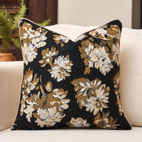 Black Floral Throw Pillow Cover 18x18 Fall Vintage Flower Pillow Cover Farmhouse Cushion Cover Neutral Summer Outdoor Chenille Pillowcase Home Decor for Couch Sofa Bedroom Living Room - color: F-black, size: 18" x 18" (Pack of 1)