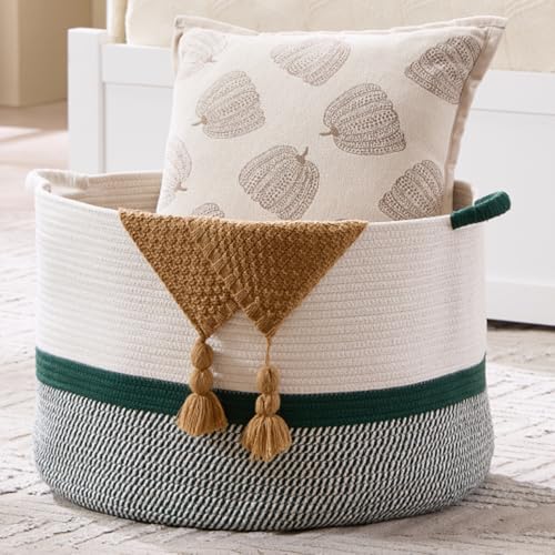 Extra Large Nursery Storage Basket, 20 x 20 x 13.8 inches - 100% Cotton Rope Baskets with Handles, Blanket Basket for Toys, Blankets & Pillows (Green) - color: Green