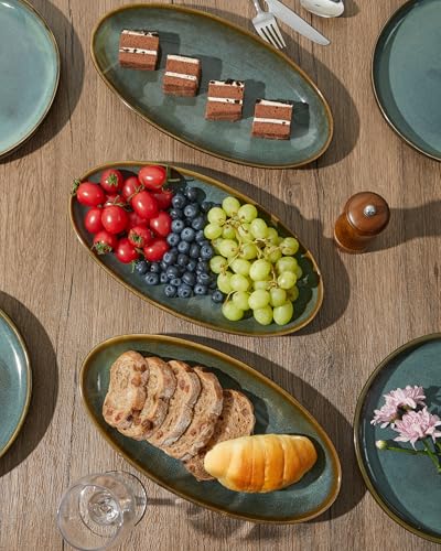 12.8" Oval Serving Platters, Stoneware Party Tray Set for Entertaining, Microwave Safe Large Platter for Fruit/Cheese/Cookie/Sushi/Appetizer, Ceramic Serving Trays Plates of 4, Aurora Green - size: Oval
