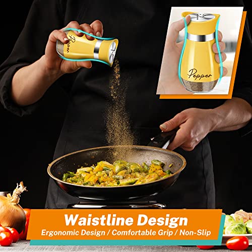Salt and Pepper Shakers - 4 oz Yellow Glass Set with Stainless Steel Lids | Refillable Glass Shakers with Stainless Steel Lids for Cooking, Dining, RV Trips, Camping and BBQs; 4 oz Capacity Each. - color: Yellow