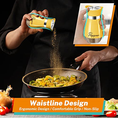 Salt and Pepper Shakers - 4 oz Yellow Glass Set with Stainless Steel Lids | Refillable Glass Shakers with Stainless Steel Lids for Cooking, Dining, RV Trips, Camping and BBQs; 4 oz Capacity Each. - color: Yellow