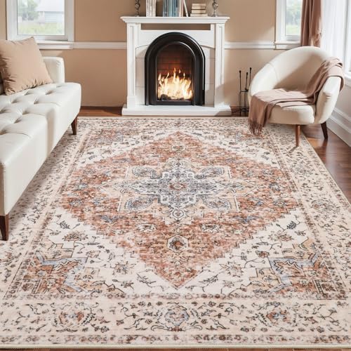 Ciicool 8X10 Area Rug Washable Large Soft Non-Slip for Living Room Bedroom | Boho Thin Low Pile Oriental Stain Resistant Indoor Mat Floor Throw Pet Friendly Carpet for Dining Room Kitchen Bedside Office - color: Vintage Cream/Brick, size: 8' X 10' (Rectan