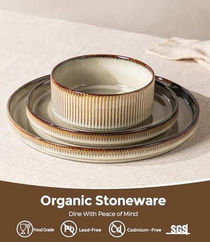 GBHOME Stoneware Dinnerware Sets for 4, 12 Pieces Plates and Bowls Set | Lightweight Ceramic Ribbed Dishes, Reactive Glaze Stackable Plate Set, Scratch Resistant, Microwave & Dishwasher Safe - color: Driftwood Taupe