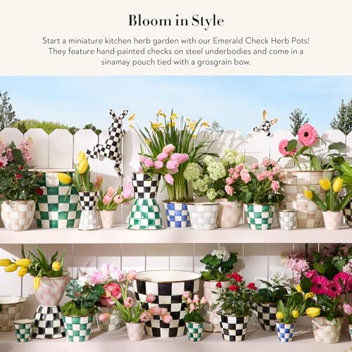 MACKENZIE-CHILDS Enamel Herb Pot Set, Small, Green-and-White Emerald Check | Hand-painted design, small plant pots for herbs or flowers, 3.5" dia. x 3.25" H, 8-ounce capacity per pot, set of 3 - color: Emerald Check