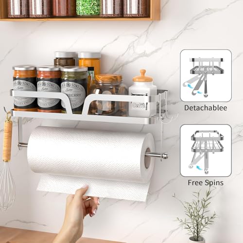 Taozun Paper Towel Holder with Shelf, Kitchen Paper Holder Wall Mount Spice Rack Paper Towel Roll Holder with 4 Hooks (2 Installation Methods - Self-Adhesive and Drilling), Silver - style: SP007 Silver