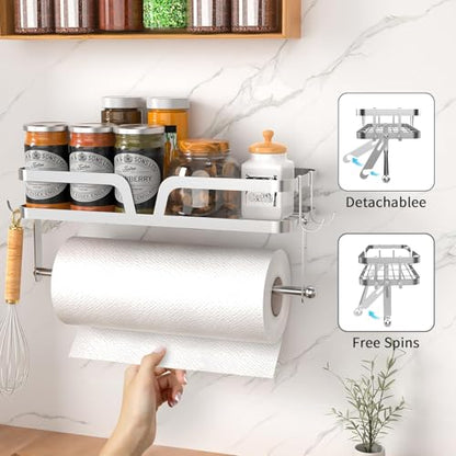 Taozun Paper Towel Holder with Shelf, Kitchen Paper Holder Wall Mount Spice Rack Paper Towel Roll Holder with 4 Hooks (2 Installation Methods - Self-Adhesive and Drilling), Silver - style: SP007 Silver