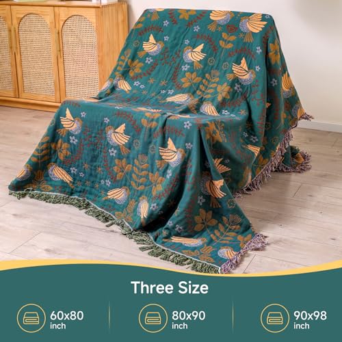 Boho Throw Blanket for Bed Couch 100% Cotton Woven Bed Throws for All Season Lightweight and Soft Cozy Farmhouse Reversible Muslin Decorative Blanket for Travel Picnic, Teal/Cream, 60''x80'' | 4-Layer Breathable Muslin Blanket,100% Organic Cotton Soft Lig