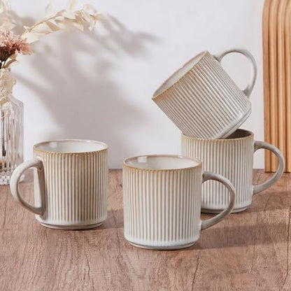 E-far Coffee Mugs Set of 4, 12 oz Stoneware Coffee Cups with Handle for Latte, Tea, Cocoa, Milk, Modern Ribbed Ceramic Mugs for Man Woman, Microwave & Dishwasher Safe, Creamy Beige - color: Creamy Beige