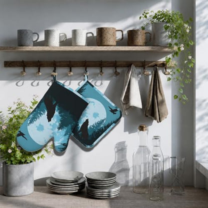 Wolves Howling in Night Heat-Resistant Oven Mitts and Pot Holder Full Moon Kitchen Non-Slip Silicone Cooking Microwave Gloves for Cooking Baking Grilling - color: Wolves Howling in Night