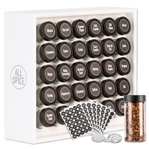 Spice Rack Organizer, Wood, 525 Unique Labels, Countertop or Wall Mount, Includes 30 4oz Jars- Matte White - color: Matte White, size: 30 Jar