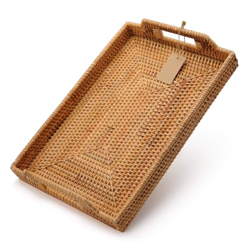 Hand-Woven Rattan Rectangular Serving Tray with Handles for Breakfast, Drinks, Snack for Coffee Table (14.5x10.2x1.4inches) - size: 14.5x10.2x1.4inches