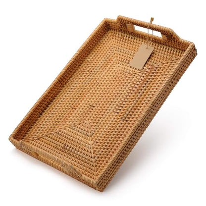 Hand-Woven Rattan Rectangular Serving Tray with Handles for Breakfast, Drinks, Snack for Coffee Table (17x11.4x1.8inches) - size: 17x11.4x1.8inches