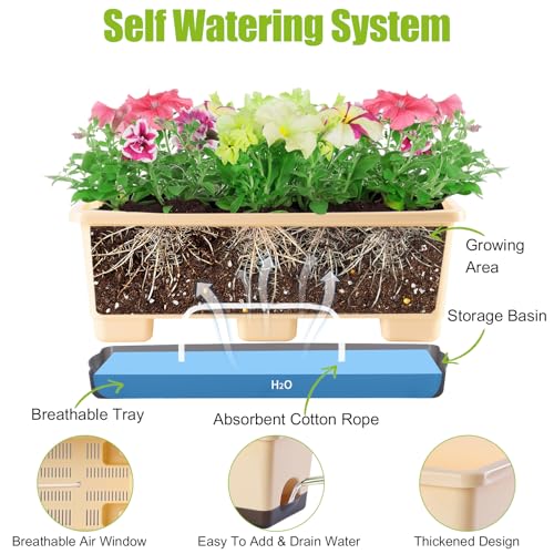 Window Box Planter 8 Pcs, 17 Inches Rectangle Flower Pots with Drainage Holes & Trays, Vegetable Planters for Windowsill Patio Garden Balcony Home Indoor Outdoor (Barley Yellow, 16 * 7 * 6 inch) - color: Barley Yellow