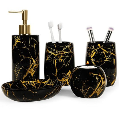 Ceramic Bathroom Accessory Set, 5-Piece Bathroom Accessory Set, Soap Dish, Toothbrush Holder, Soap Dispenser, Bathroom Tumbler & Candle Holder - Modern Bathroom Organizer, (Black & Gold) - color: Black and Gold