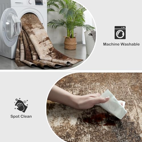 Kelarea Washable Runner Rug 2x6, Non-Slip Low Pile Abstract Brown | Water & Stain Resistant, Pet Friendly, Easy Clean, Ultra Soft, for Entrance, Kitchen, Bedroom, Hallways - color: Brown, size: 2' x 6' (Rectangular)