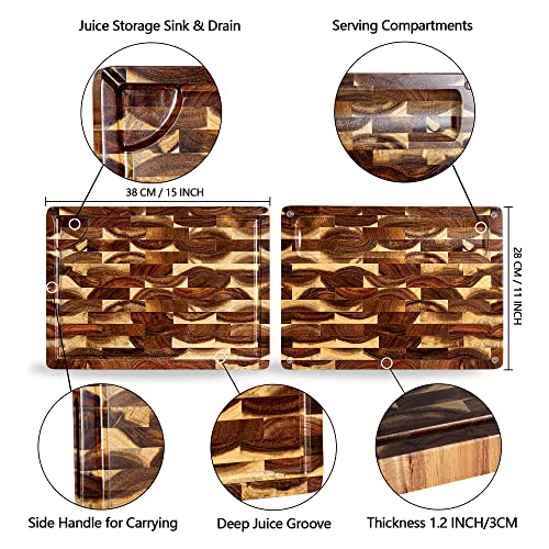 End Grain Butcher Block 15"x11", Premium Acacia Wood Cutting Board with Juice Groove, TJ POP Medium Chopping Board for Kitchen, 1.2" Thick - color: End grain-rectangle