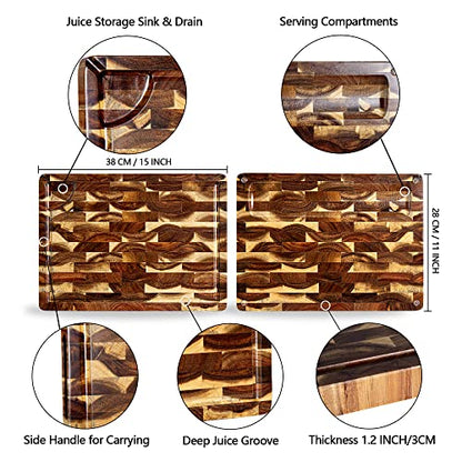 End Grain Butcher Block 15"x11", Premium Acacia Wood Cutting Board with Juice Groove, TJ POP Medium Chopping Board for Kitchen, 1.2" Thick - color: End grain-rectangle