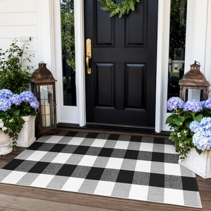 KIMODE Buffalo Plaid Outdoor Rug Runner Doormat 24'' x 51", Black/White Cotton Woven Checkered Fall Farmhouse Porch Rugs, Washable Indoor Door Mat for Front Layered Kitchen Bathroom Laundry Room | Checkered，Black and White,24"x51",Fall Farmhouse，Woven，Was