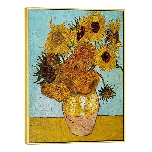 Wieco Art Gold Framed Wall Art, Van Gogh Sunflower Reproduction Canvas Print, 24x32in Art Print, Ready to Hang Artwork for Living Room Bedroom Office - size: 32"L x 24"W