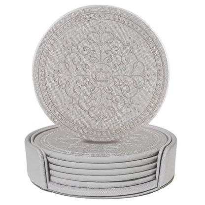 Coasters Set of 6 - PU Leather Coasters for Drinks with Holder - Silver - color: Silver