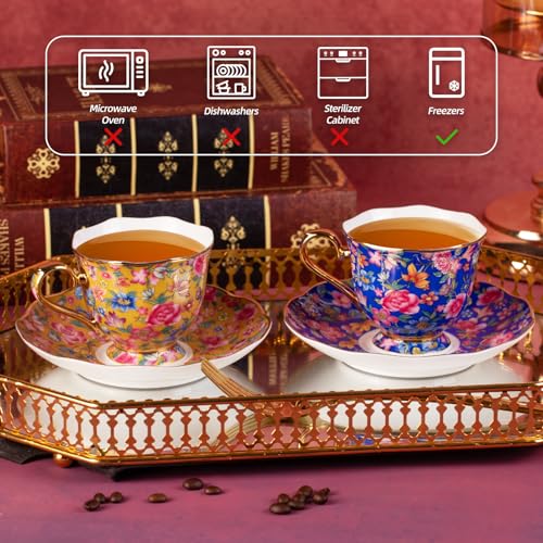 KAMMAK Tea Cup and Saucer, Ceramic Coffee Cups, 6.3 oz, Set of 2 | Porcelain Tea Cups with Saucers for Coffee and Cappuccino, Ideal for Breakfast, Afternoon Tea and Entertaining,643N+644N - style: 643N+644N