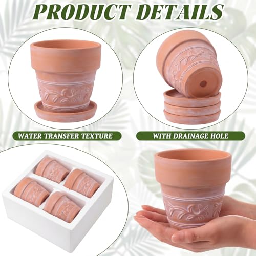 Set of 6 Embossed Succulent Pots 4" Small Terracotta Pots with Drainage Hole and Saucer Rustic Clay Succulent Planter Pot Decorative Ceramic Cactu Flower Pot for Indoor Outdoor(Leaf Style) - size: 4 Inch, style: Leaf Style