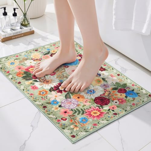Green Floral Entry Rug Small Door Mat 24x17 Inch for Bathroom | Ultra-Thin; Low Pile; Non Slip; Easy to maintain; Perfect for home decor;Versatile placement - color: Green, size: 1'4" x 2' (Rectangular)